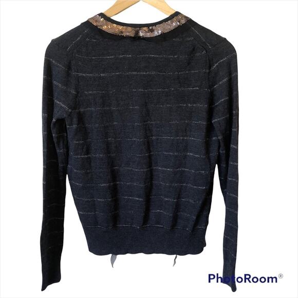 Ann Taylor Loft Wool Cardigan Women’s Small Sequin Striped Gray Sweater Metallic - Picture 4 of 6